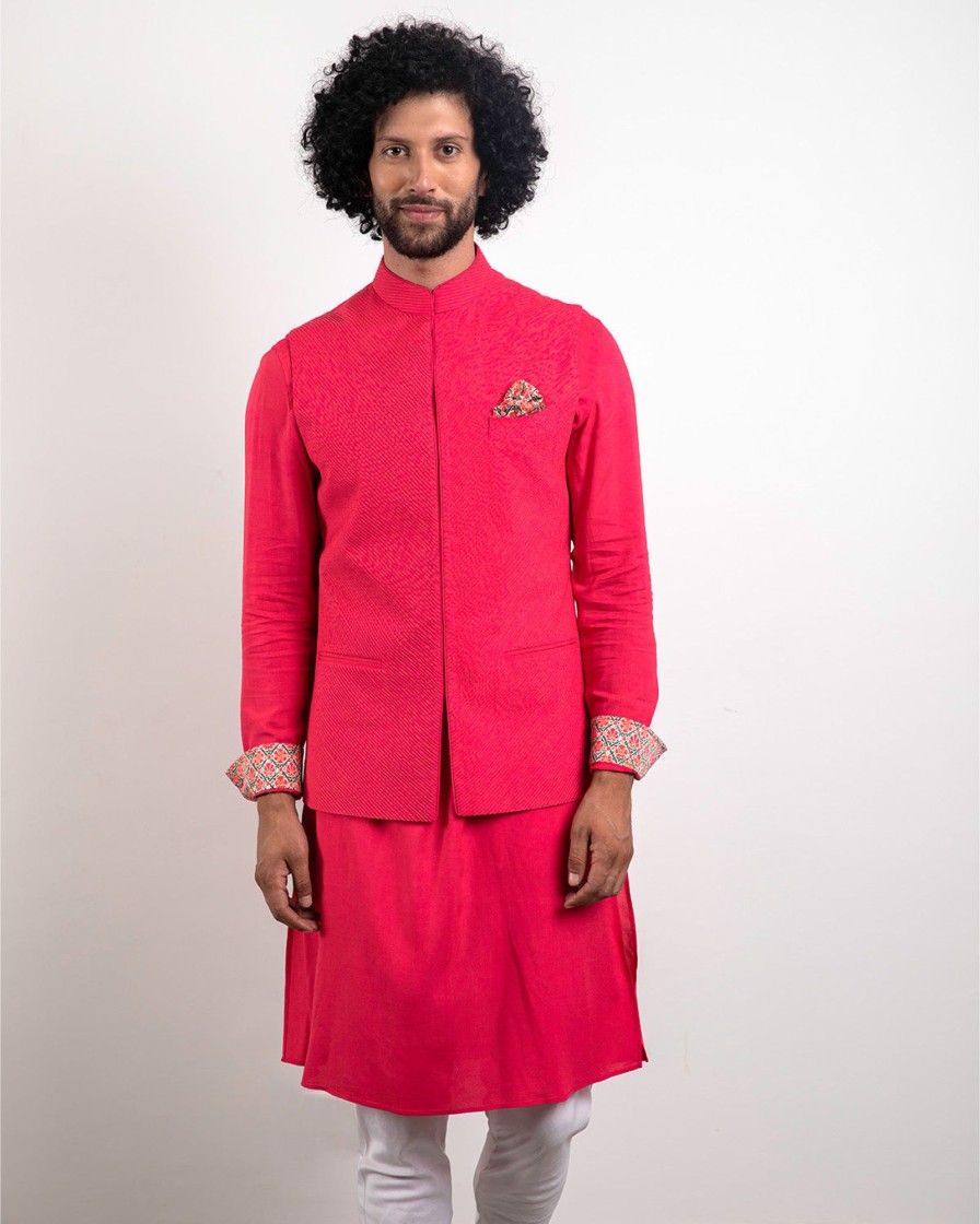 Mens Arjan Dugal | Hot Pink Silk Kurta Set