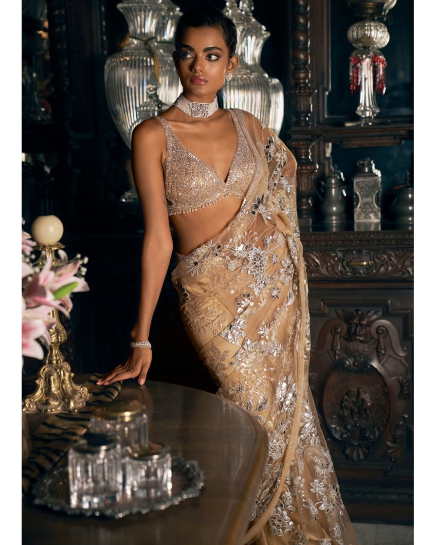 Womens Seema Gujral | Nude Silver Applique Sari