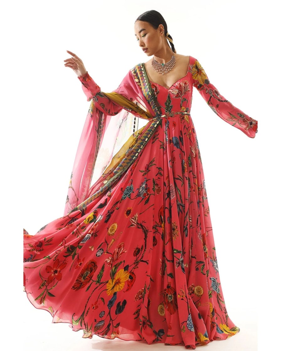 Womens Mahima Mahajan | Pink Printed U0026 Embroidered Anarkali Set