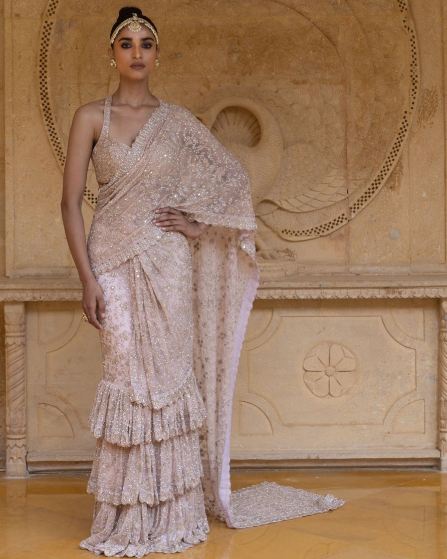 Womens Arpita Mehta | Dusty Pink With Rose Gold Embroidery Tiered Sari Set