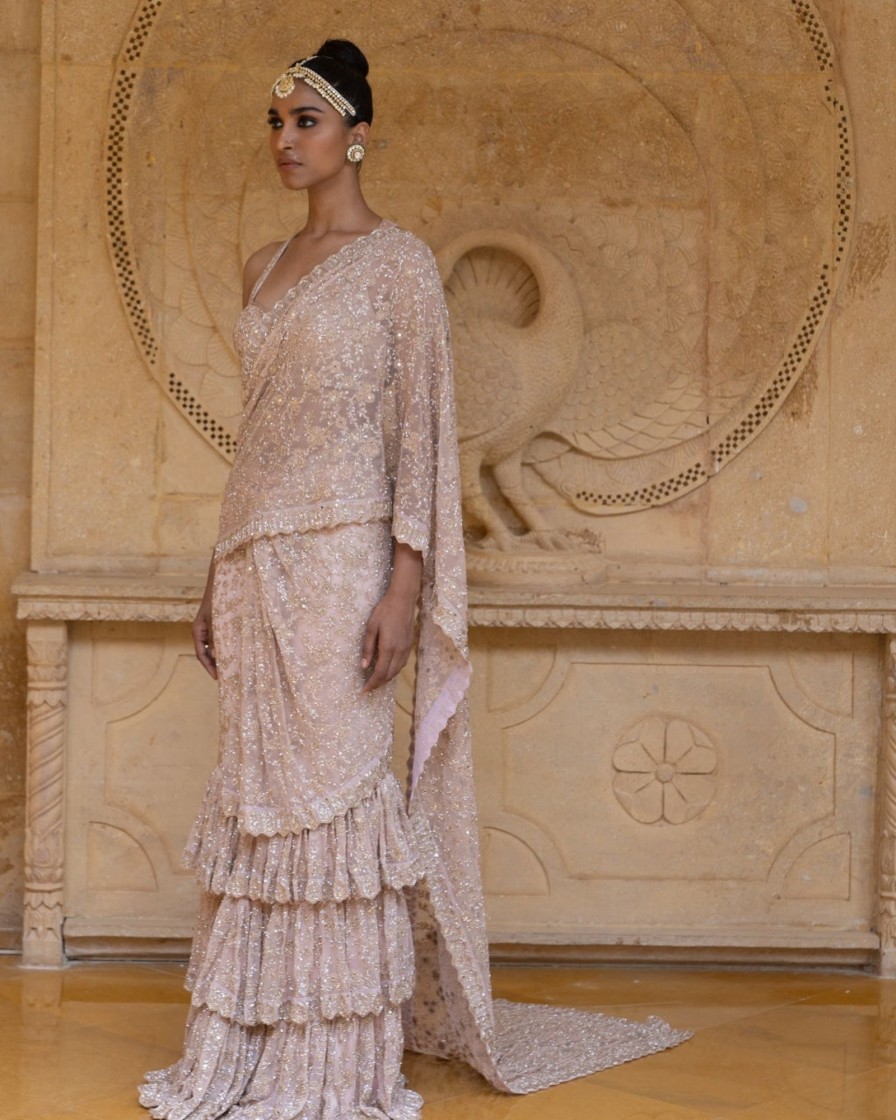 Womens Arpita Mehta | Dusty Pink With Rose Gold Embroidery Tiered Sari Set