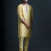 Mens Devnaagri Mens | Lime Green Embroidered Chanderi Kurta Set