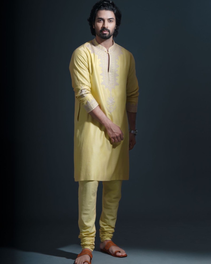 Mens Devnaagri Mens | Lime Green Embroidered Chanderi Kurta Set