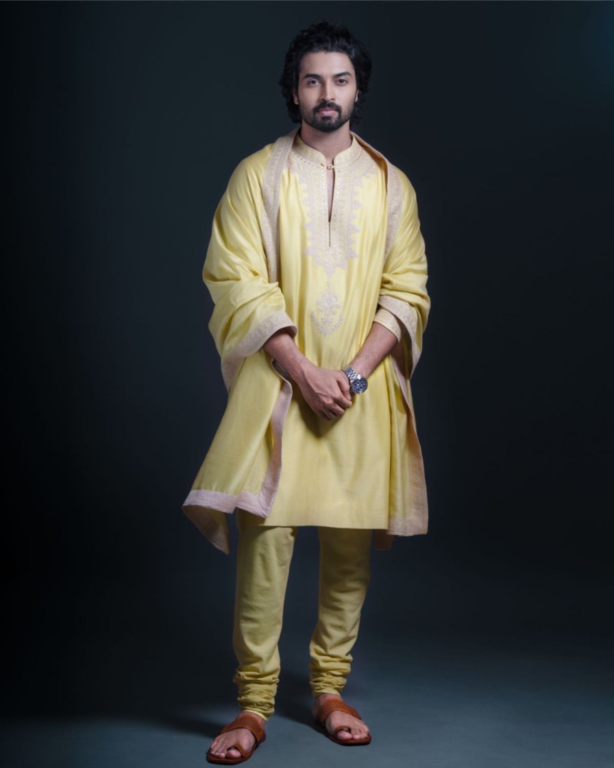 Mens Devnaagri Mens | Lime Green Embroidered Chanderi Kurta Set