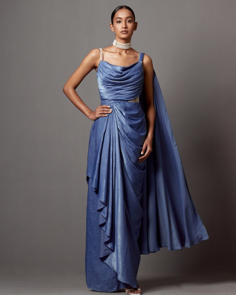 Womens Mala u0026 Kinnary | Dust Blue Dust Drape Gown Sari Set