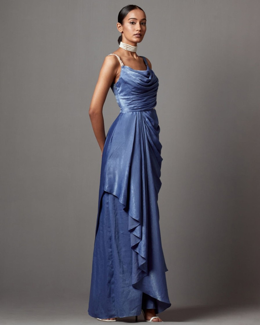 Womens Mala u0026 Kinnary | Dust Blue Dust Drape Gown Sari Set