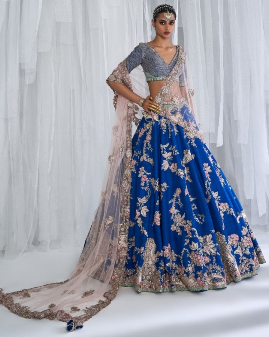 Bridal Dolly J | Daffodil Blue Raw Silk Bridal Lehenga Set