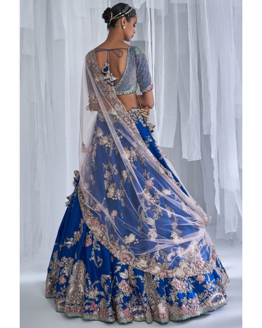 Bridal Dolly J | Daffodil Blue Raw Silk Bridal Lehenga Set