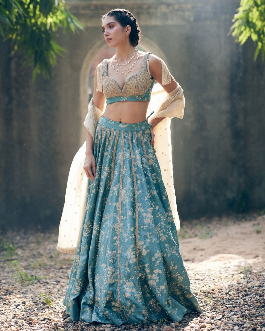 Bridal Paulmi u0026 Harsh | Ice Blue Self Woven Jacquard Lehenga Set