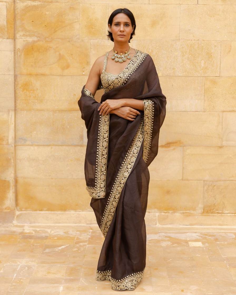 Womens Arpita Mehta | Brown Beige Gold Embroidered Organza Sari Set