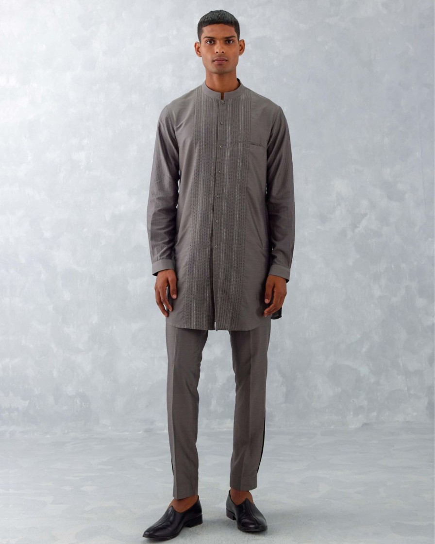 Mens Devnaagri Mens | Gray Pin Tucks Short Kurta Set