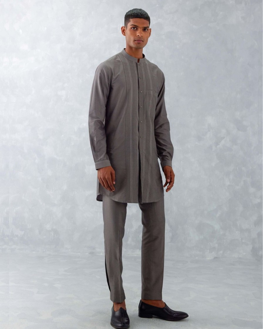 Mens Devnaagri Mens | Gray Pin Tucks Short Kurta Set