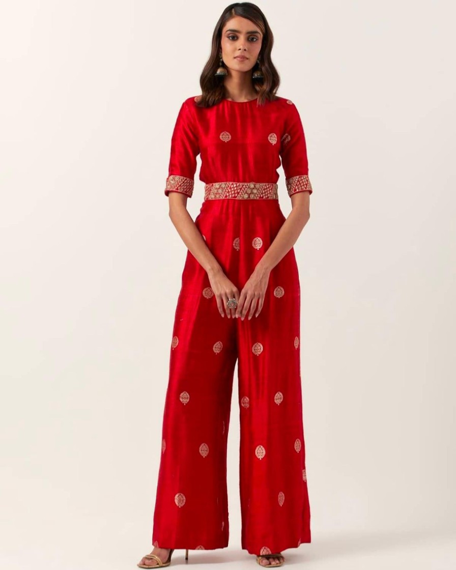 Womens Punit Balana | Red Banarasi Jumpsuit