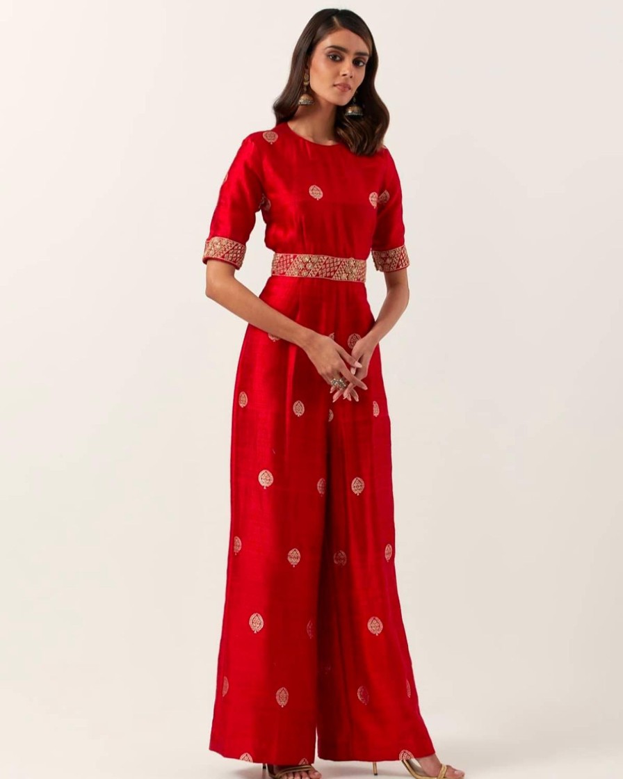 Womens Punit Balana | Red Banarasi Jumpsuit