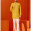 Mens Devnaagri Mens | Mustard Embroidered Chanderi Kurta Set