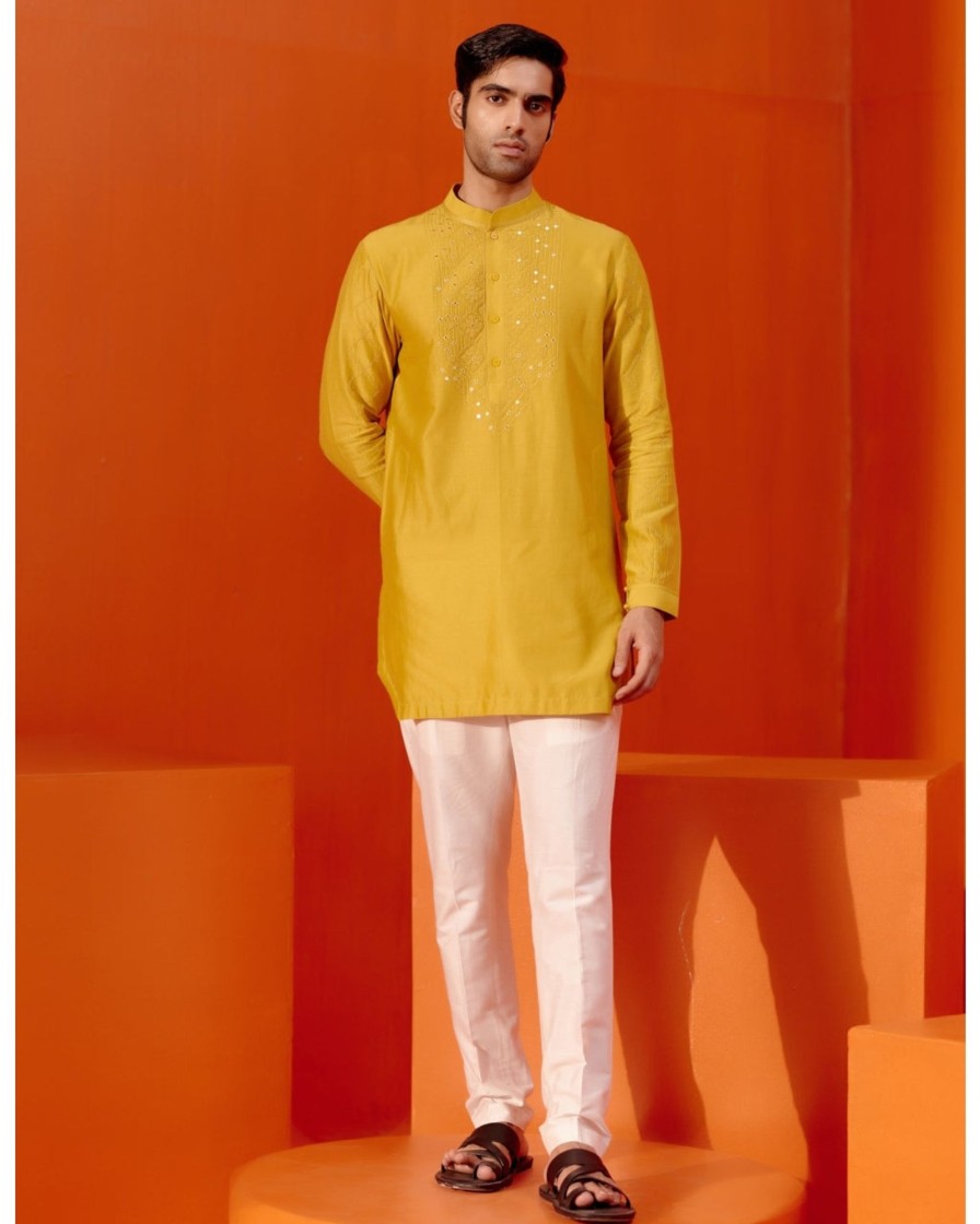 Mens Devnaagri Mens | Mustard Embroidered Chanderi Kurta Set