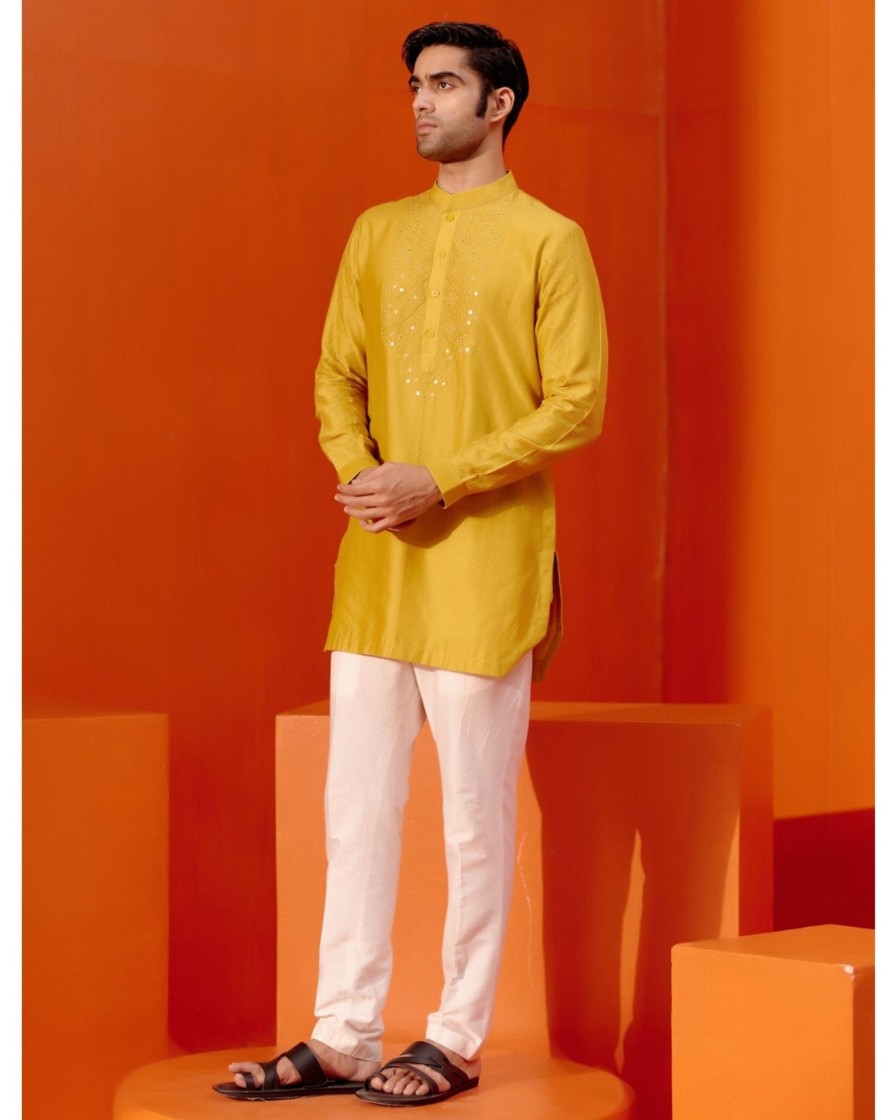 Mens Devnaagri Mens | Mustard Embroidered Chanderi Kurta Set