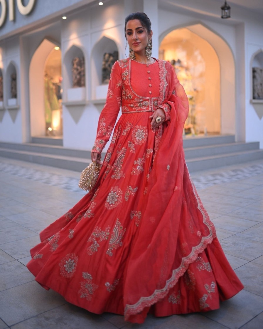 Womens Petticoat Lane | Coral Anarkali Kalidar Set