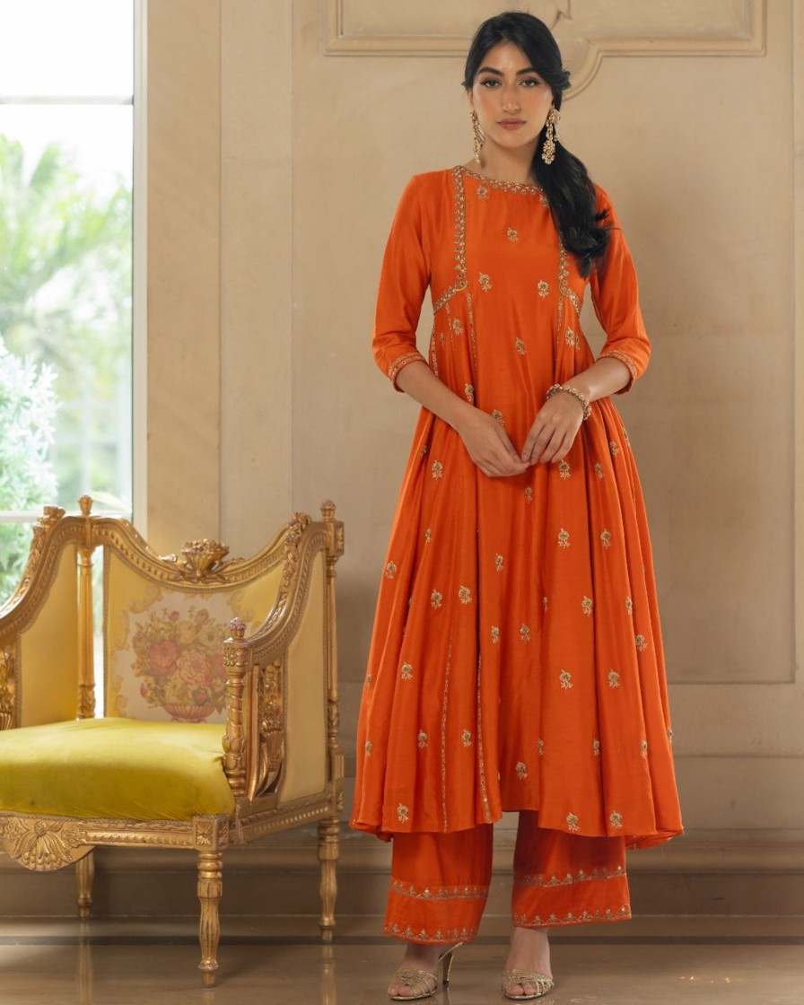 Womens Paulmi u0026 Harsh | Rust Butti Embroidered Kurta Set