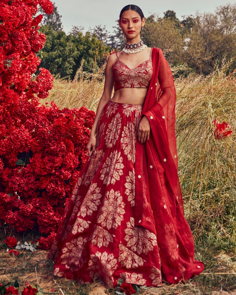 Womens Bhumika Sharma | Red Tara Print Lehenga Set