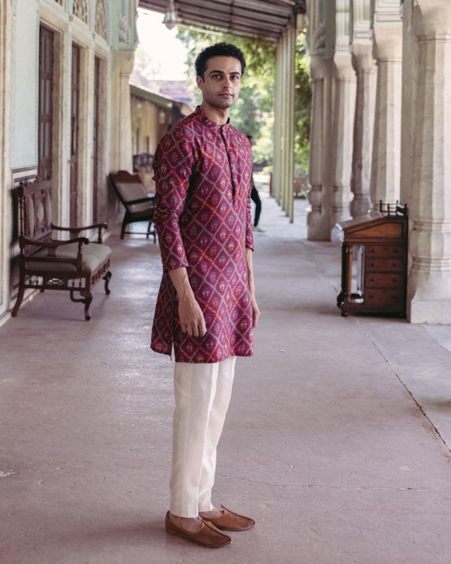 Mens Drishti u0026 Zahabia Mens | Plum Printed Kurta Set