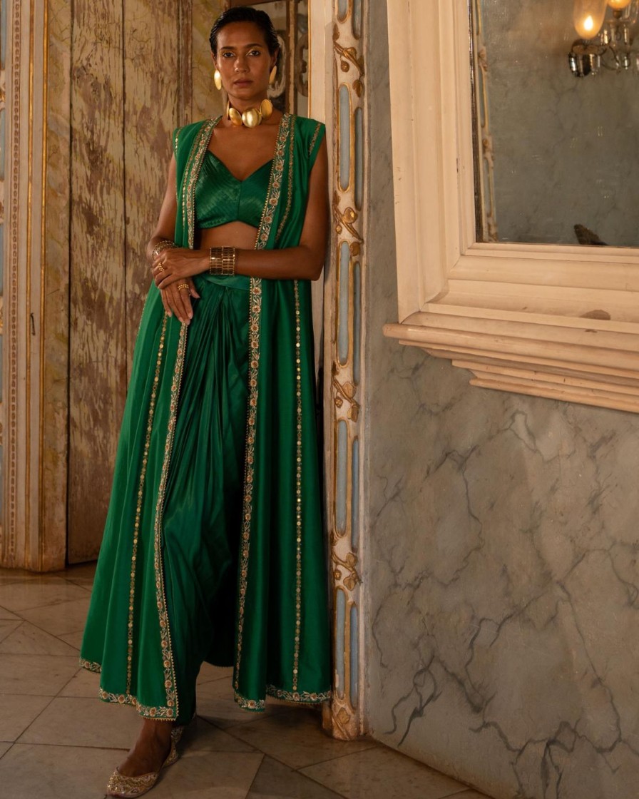 Womens Paulmi u0026 Harsh | Emerald Satin Draped Skirt Set