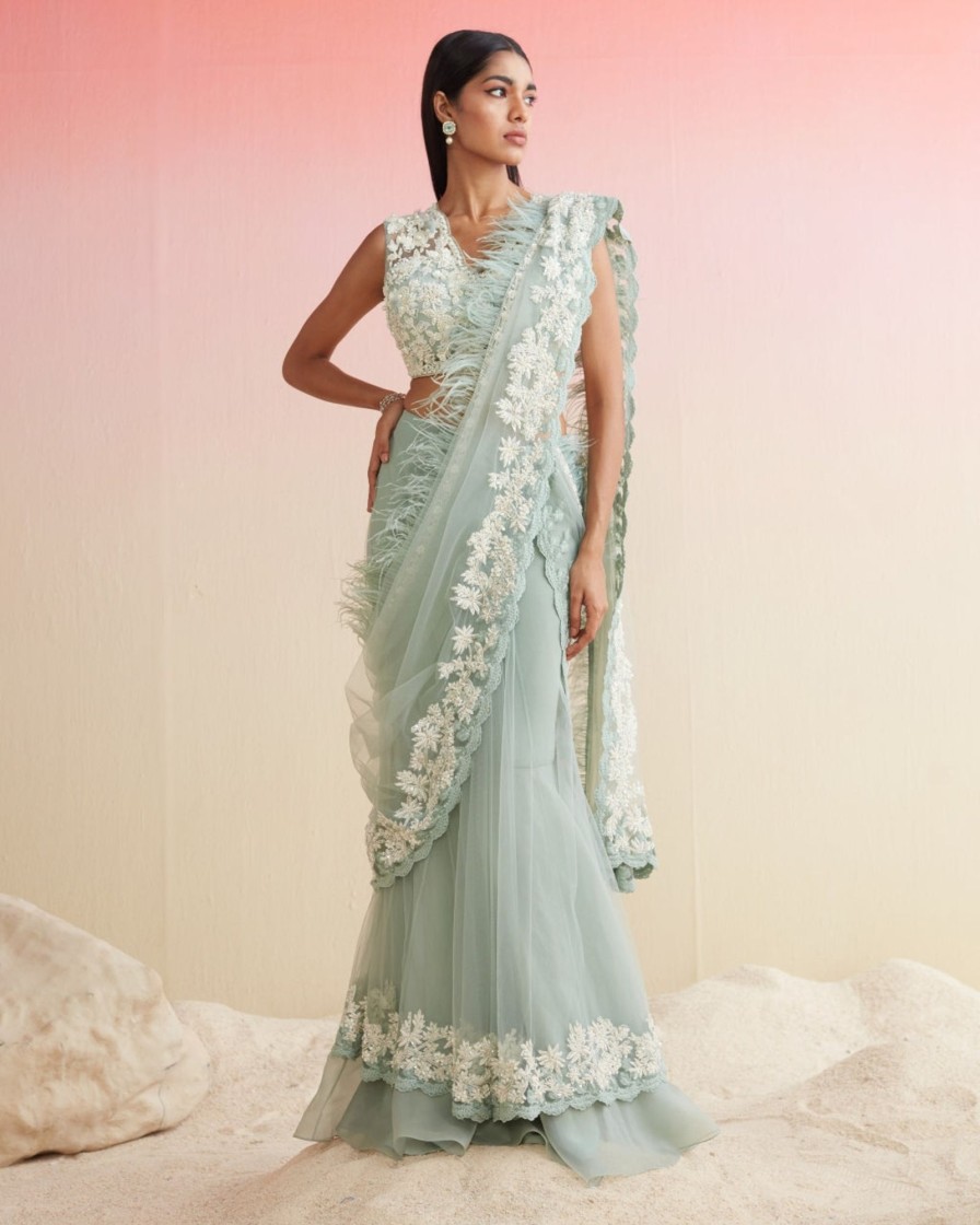 Womens Ridhi Mehra | Sea Green Ploma Sari Set