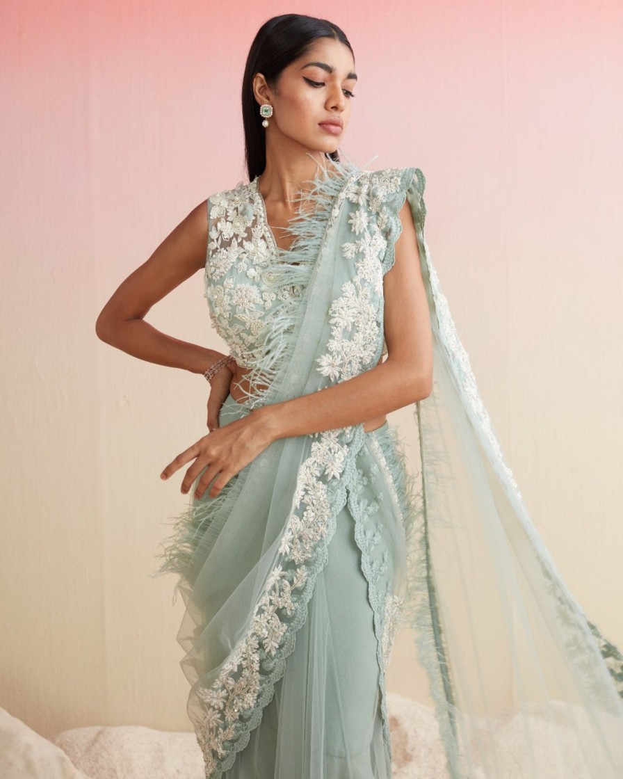 Womens Ridhi Mehra | Sea Green Ploma Sari Set