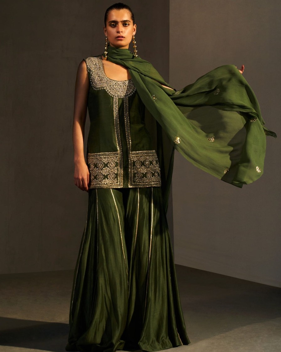 Womens Bhumika Sharma | Green Embroidered Kurta U0026 Gotta Sharara Set