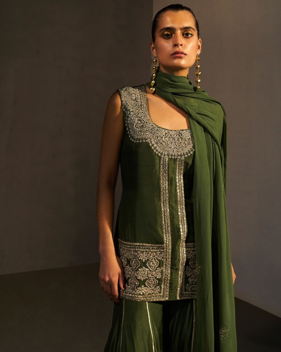 Womens Bhumika Sharma | Green Embroidered Kurta U0026 Gotta Sharara Set