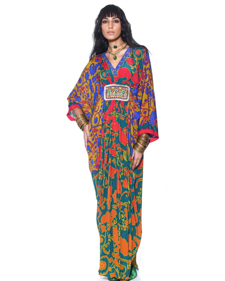 Womens Siddhartha Bansal | Emerald Orange Royal Paisley Belt Kaftan