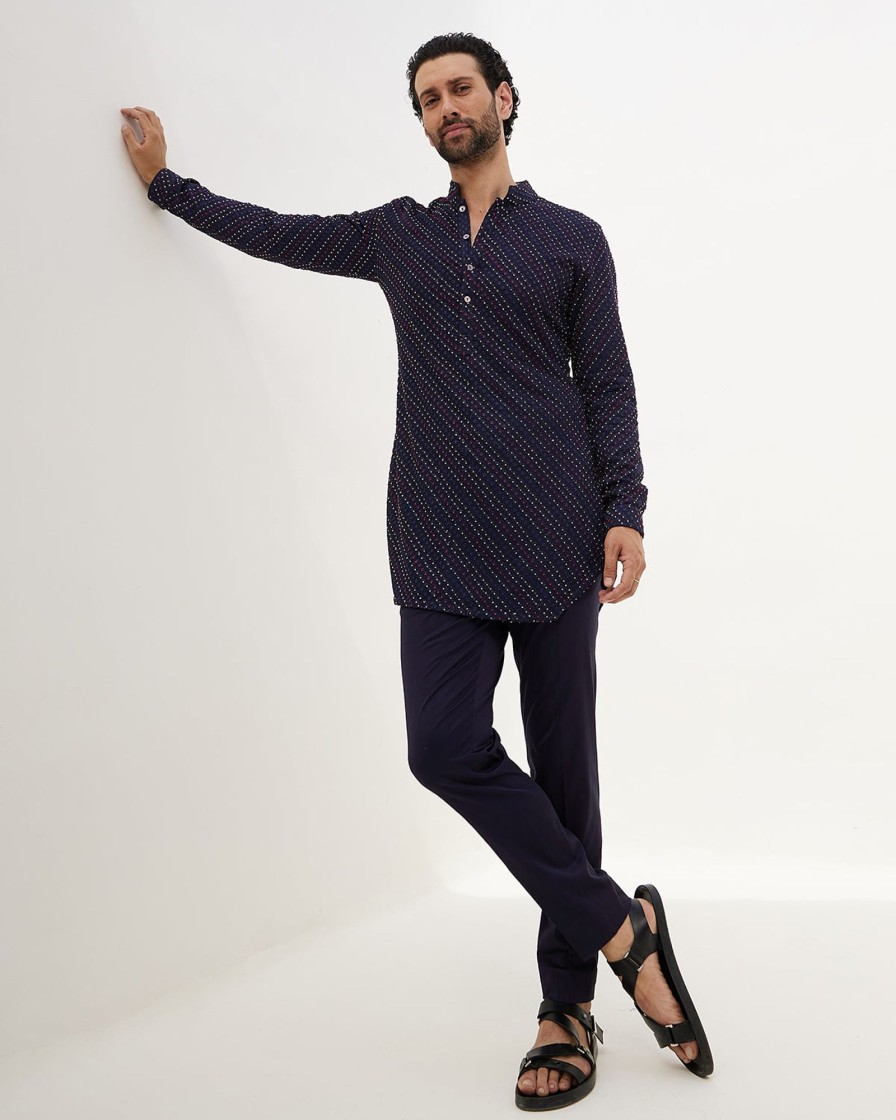 Mens Arjan Dugal | Navy Blue French Nerds Kurta Set