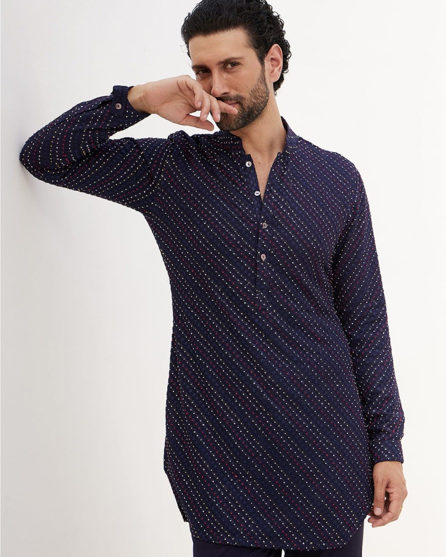 Mens Arjan Dugal | Navy Blue French Nerds Kurta Set