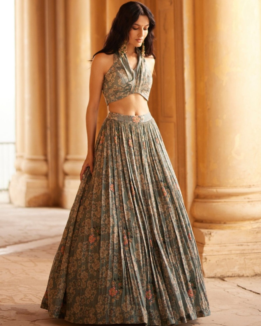 Womens Label Anushree | Powder Blue Printed Halter Top Set