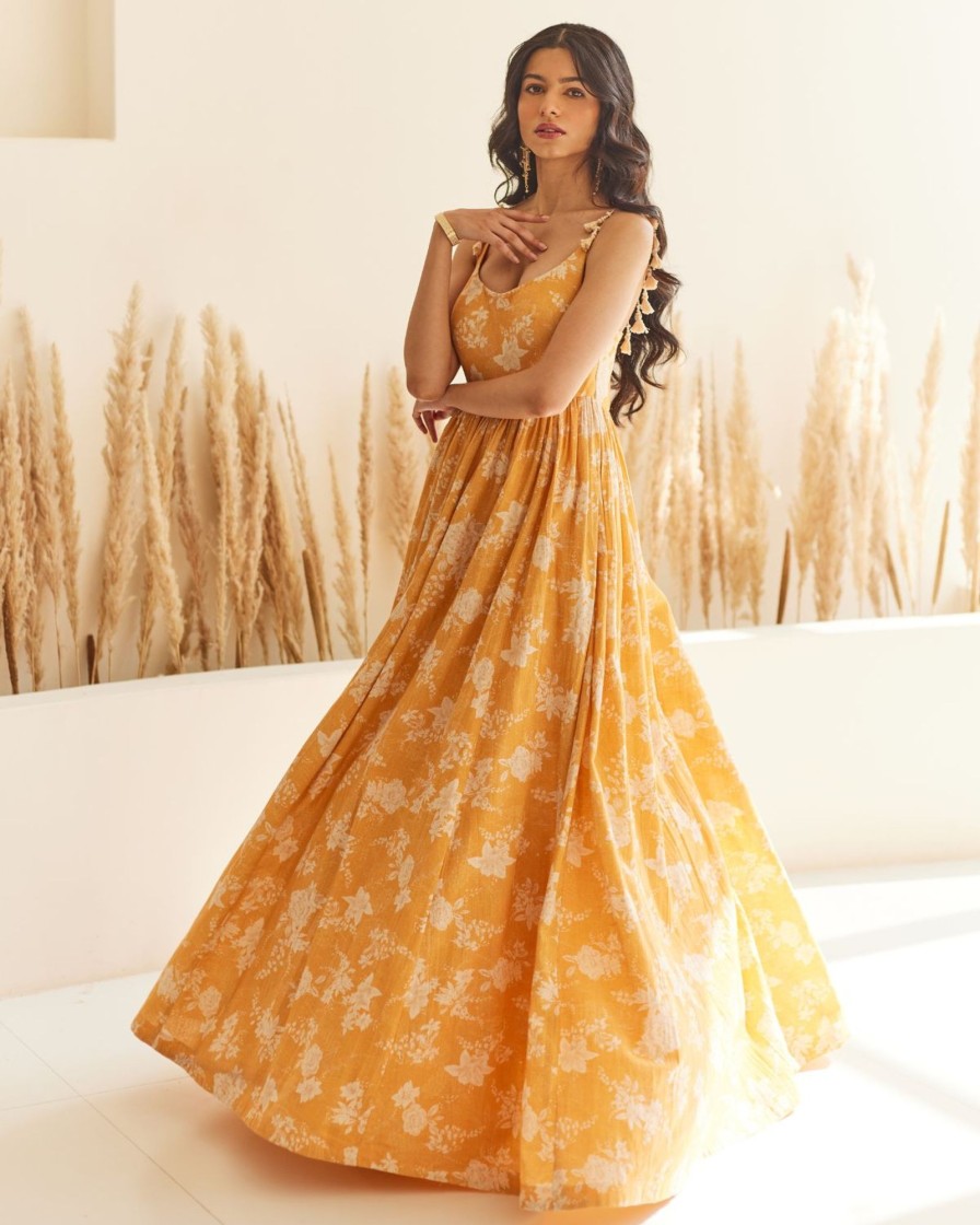 Womens Label Anushree | Yellow Floral Gown