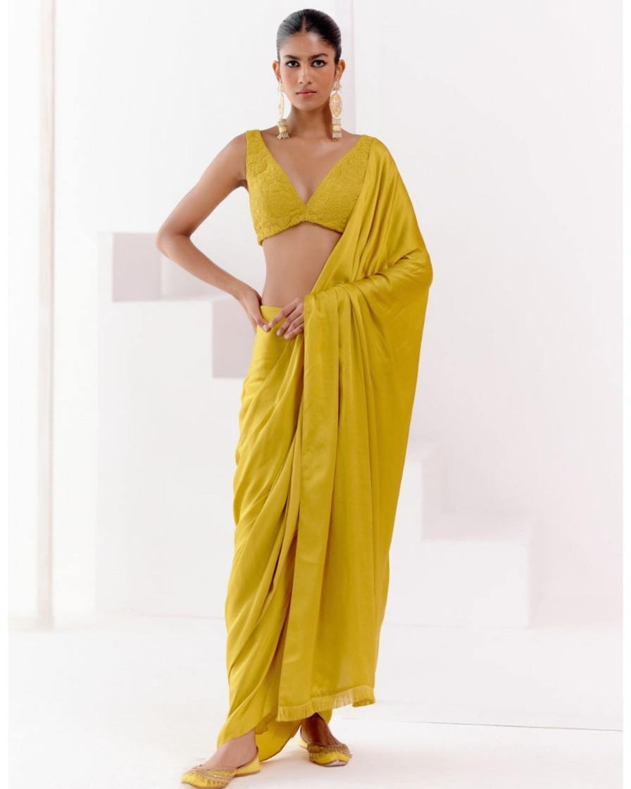 Womens Devnaagri | Mustard Satin Pre Draped Sari