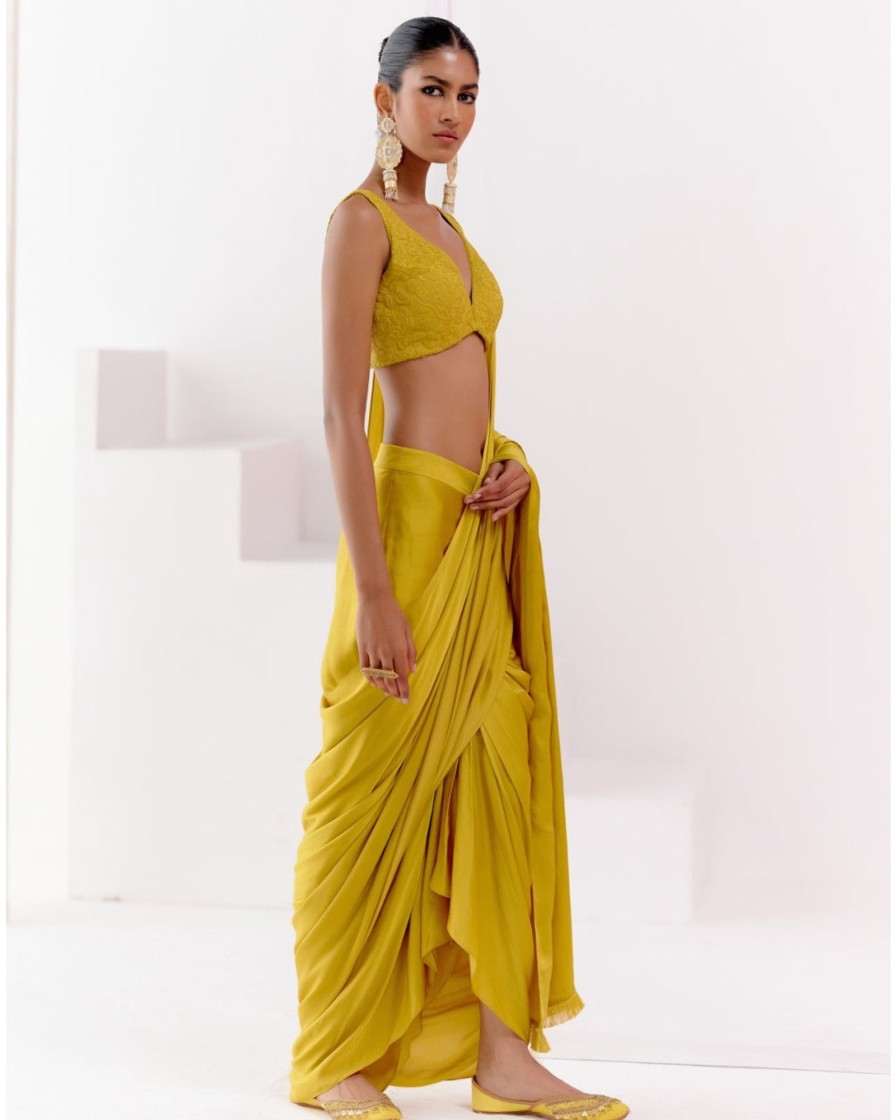 Womens Devnaagri | Mustard Satin Pre Draped Sari