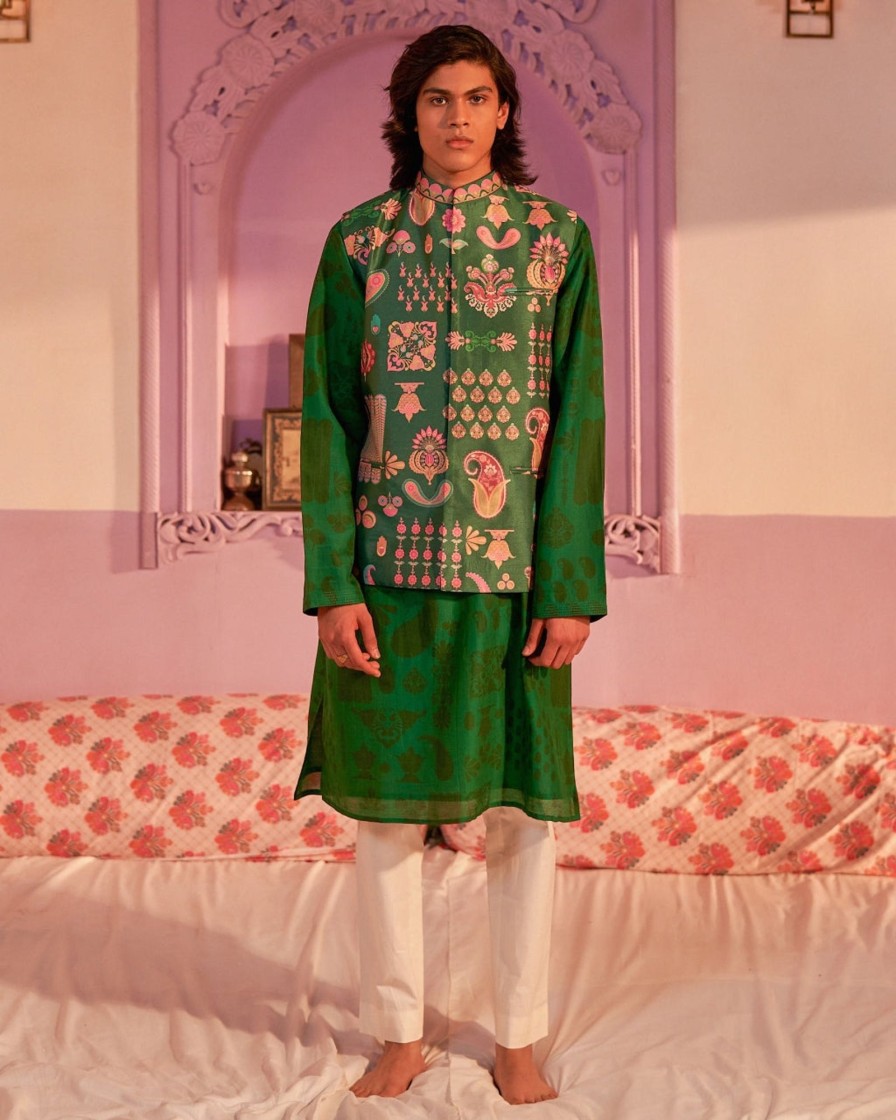 Mens Siddhartha Bansal Mens | Emerald Sea Green Hamsa Kurta Set