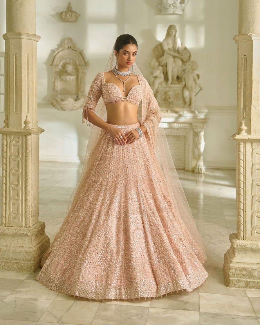 Bridal Seema Gujral | Powder Pink Sequin Lehenga Set