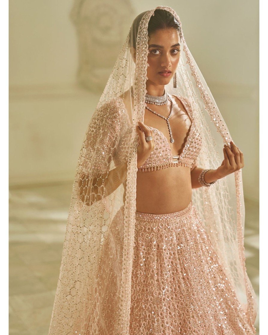 Bridal Seema Gujral | Powder Pink Sequin Lehenga Set