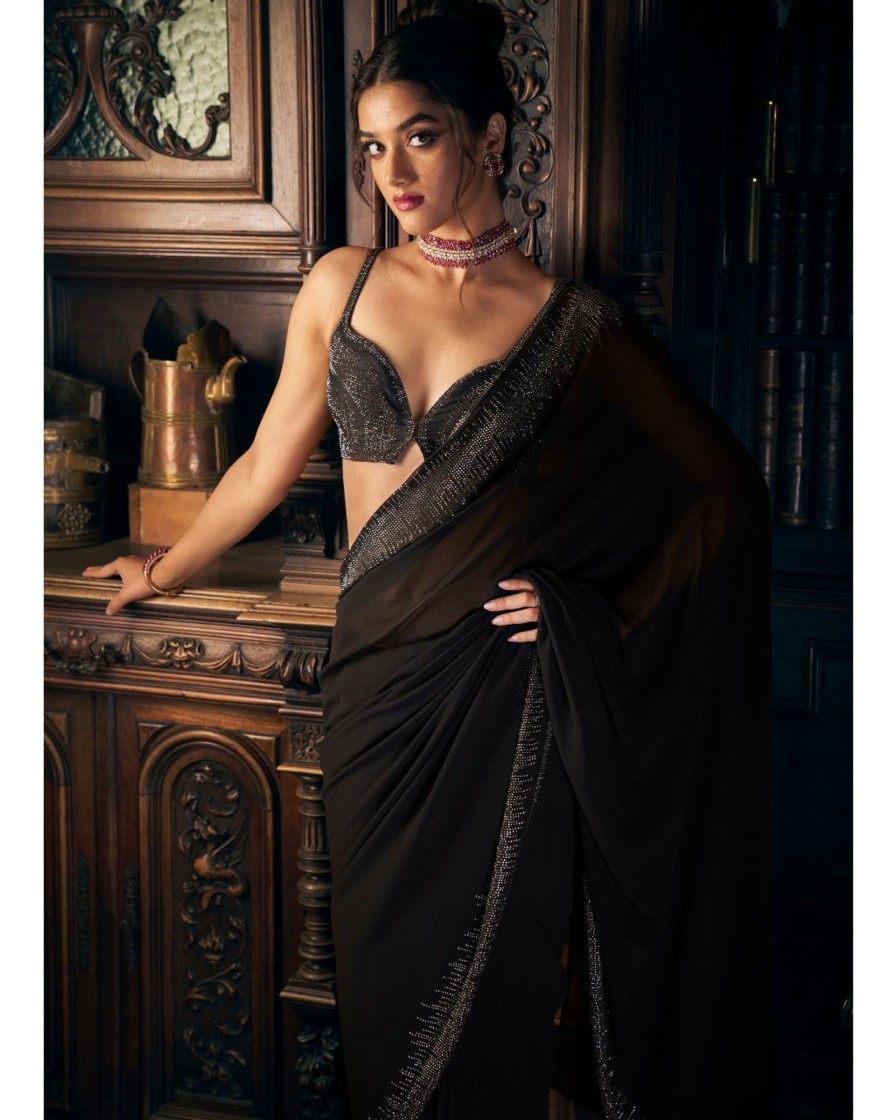 Womens Seema Gujral | Black Crystal Georgette Sari Set