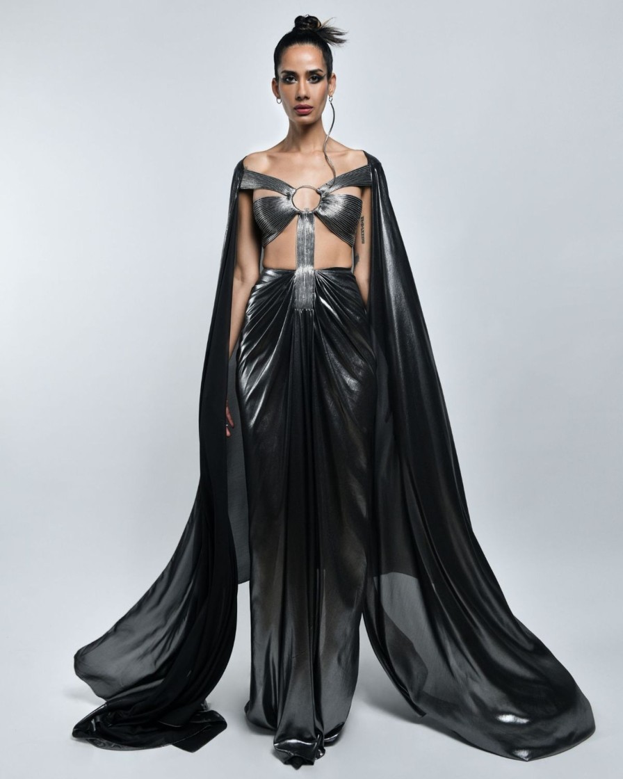 Womens Amit Aggarwal | Gray Cut Out Gown