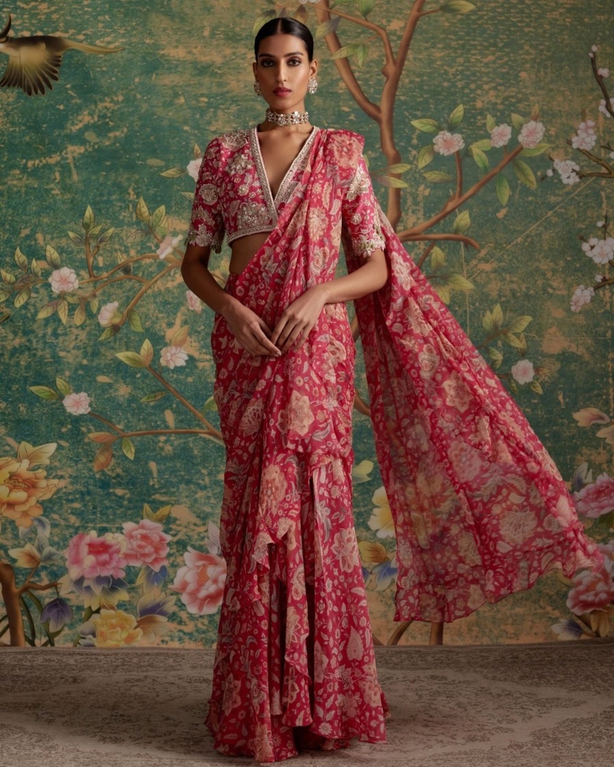 Womens Ridhi Mehra | Royal Fuchsia Print Flamboyance Sari Set