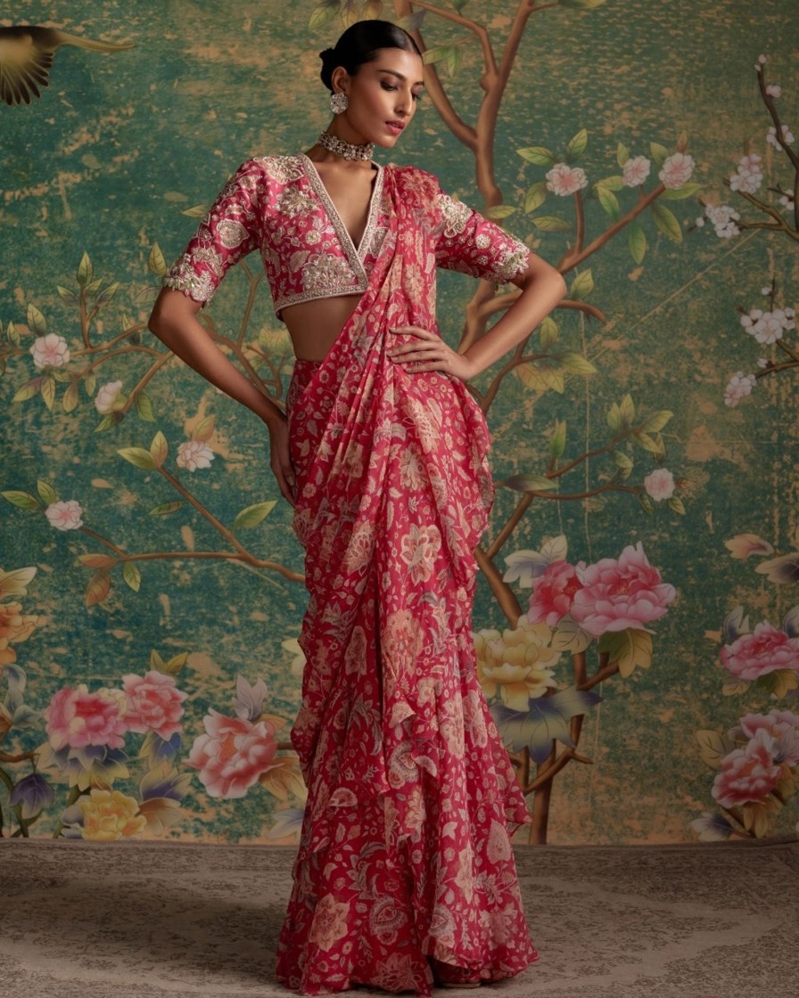 Womens Ridhi Mehra | Royal Fuchsia Print Flamboyance Sari Set