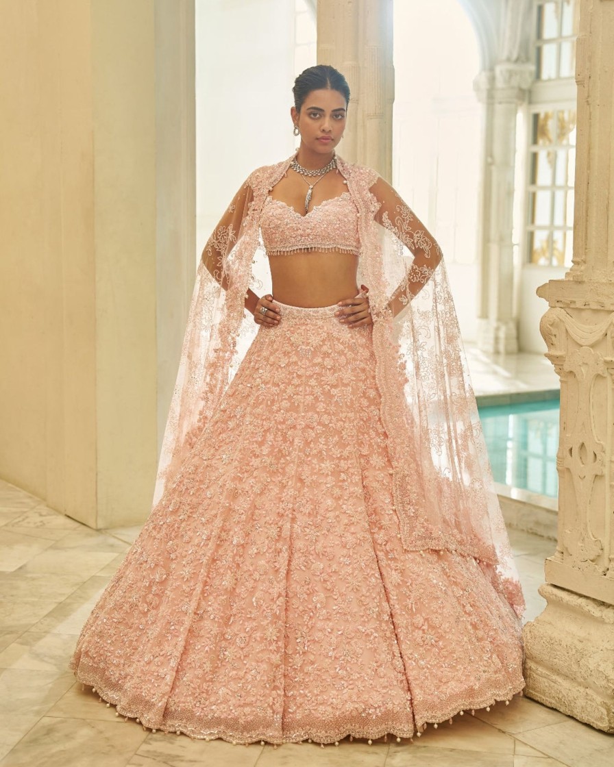 Bridal Seema Gujral | Powder Pink Floral Lehenga Set