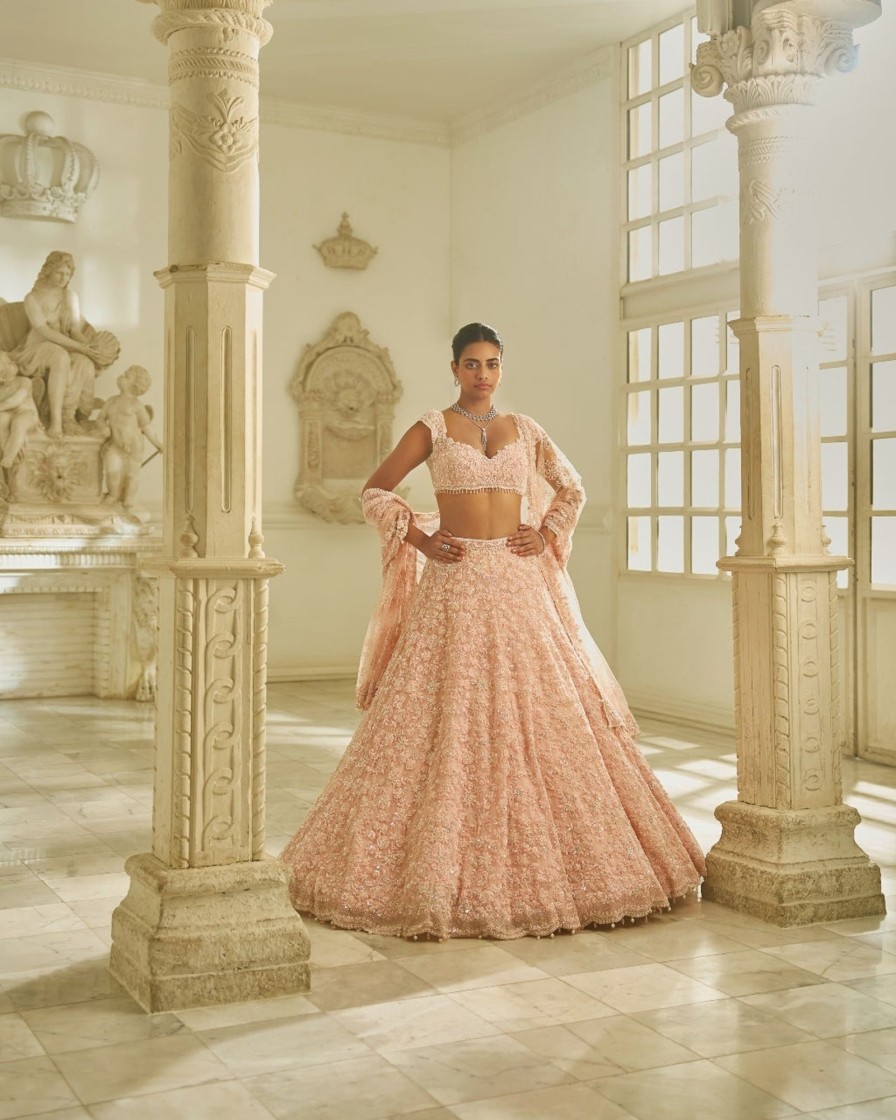 Bridal Seema Gujral | Powder Pink Floral Lehenga Set