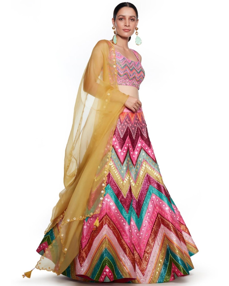 Womens Siddhartha Bansal | Signature Pink Chevron Embroidered Lehenga Set