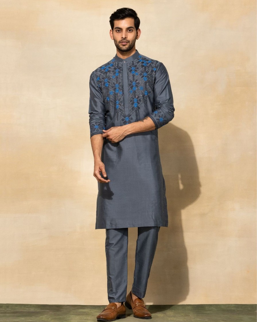 Mens Diya Rajvvir Mens | Gray Cutdana Embroidered Kurta Set