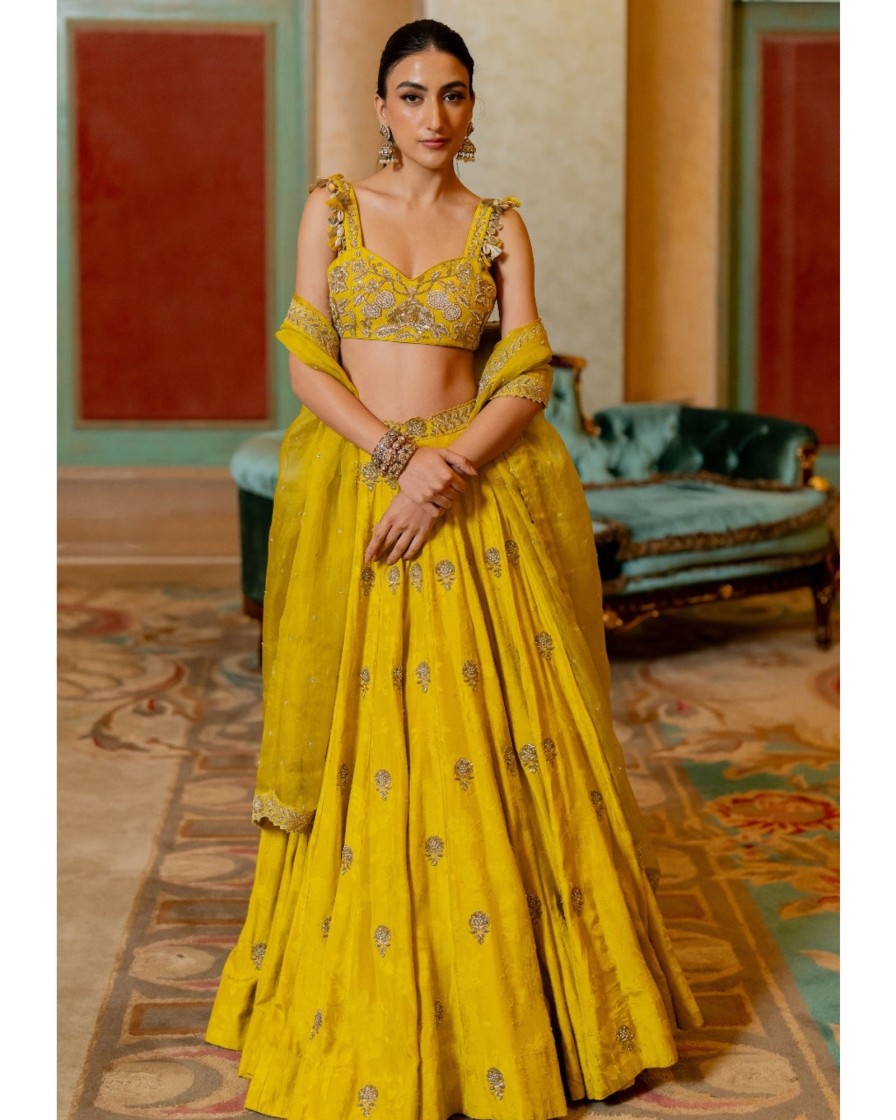 Womens Paulmi u0026 Harsh | Lime Yellow Self Woven Jacquard Lehenga Set