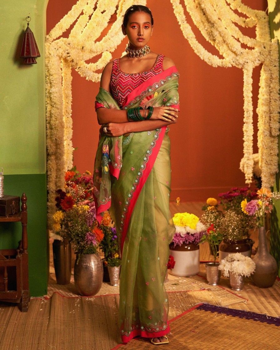 Womens Siddhartha Bansal | Sage Green, Silk Organza Embroidered Sari Set